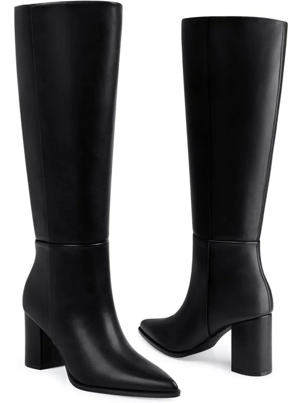 Women's Black Pu Pointed Toe Chunky Heel Comfortable Wide Calf Knee High Boots